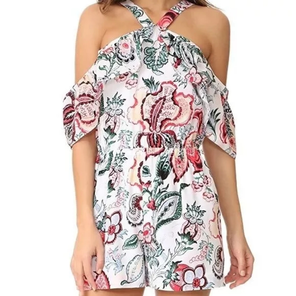 Club Monaco 100% Silk Dacko Festival Boho romper One Piece Jumpsuit Floral Sz8